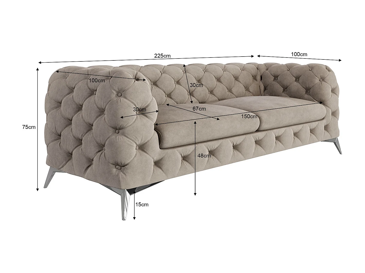Celeste 3-Sitzer Chesterfield Sofa mit Silber Metall Füßen