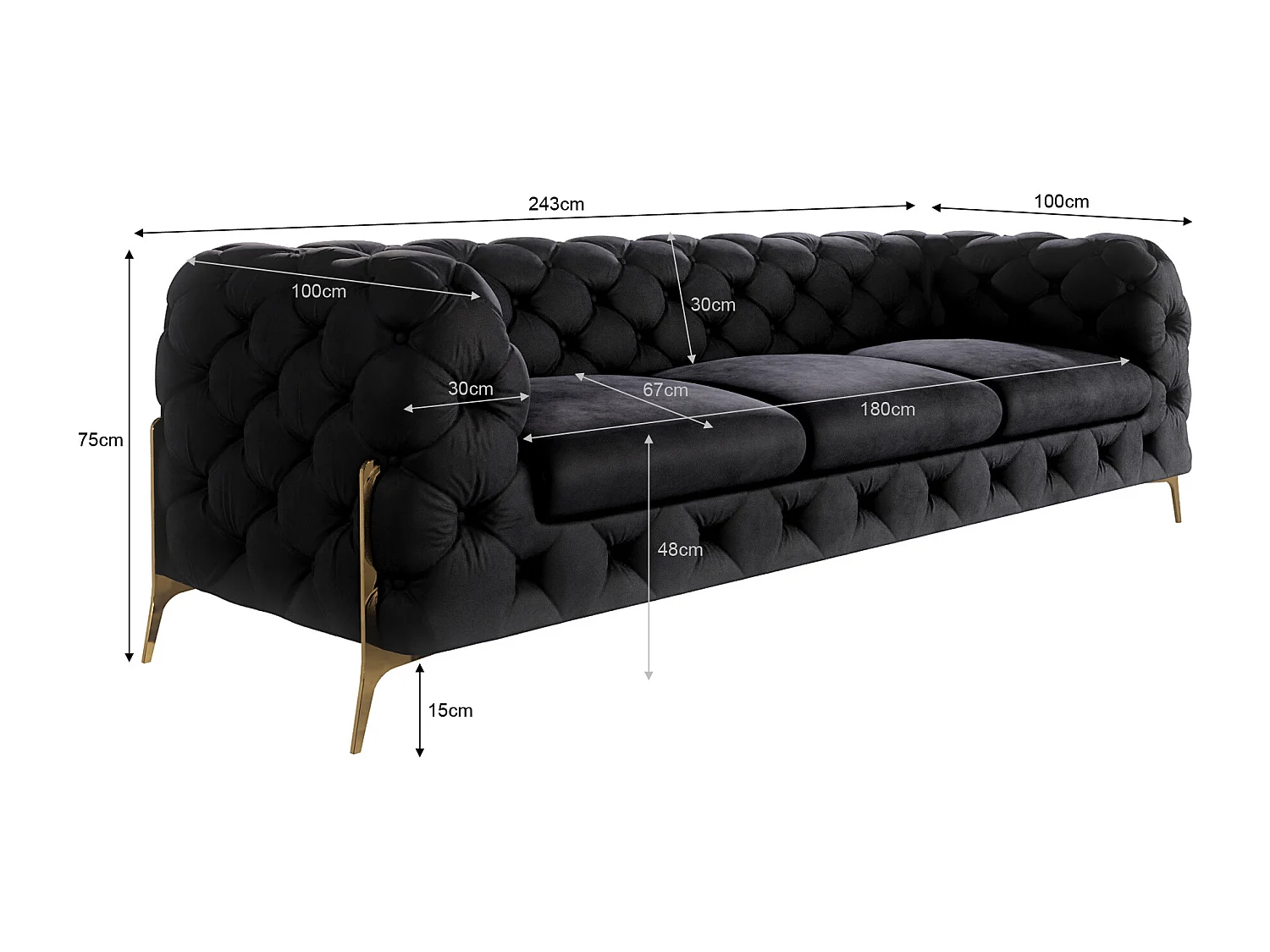 Ulysses 3-Sitzer Chesterfield Sofa mit Goldene Metall Füßen