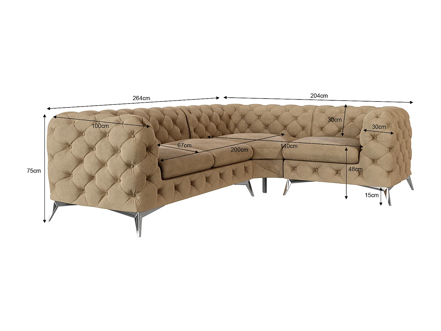 Ecksofa mit Ottomane Chesterfield Celeste mit Silber Metall Füßen