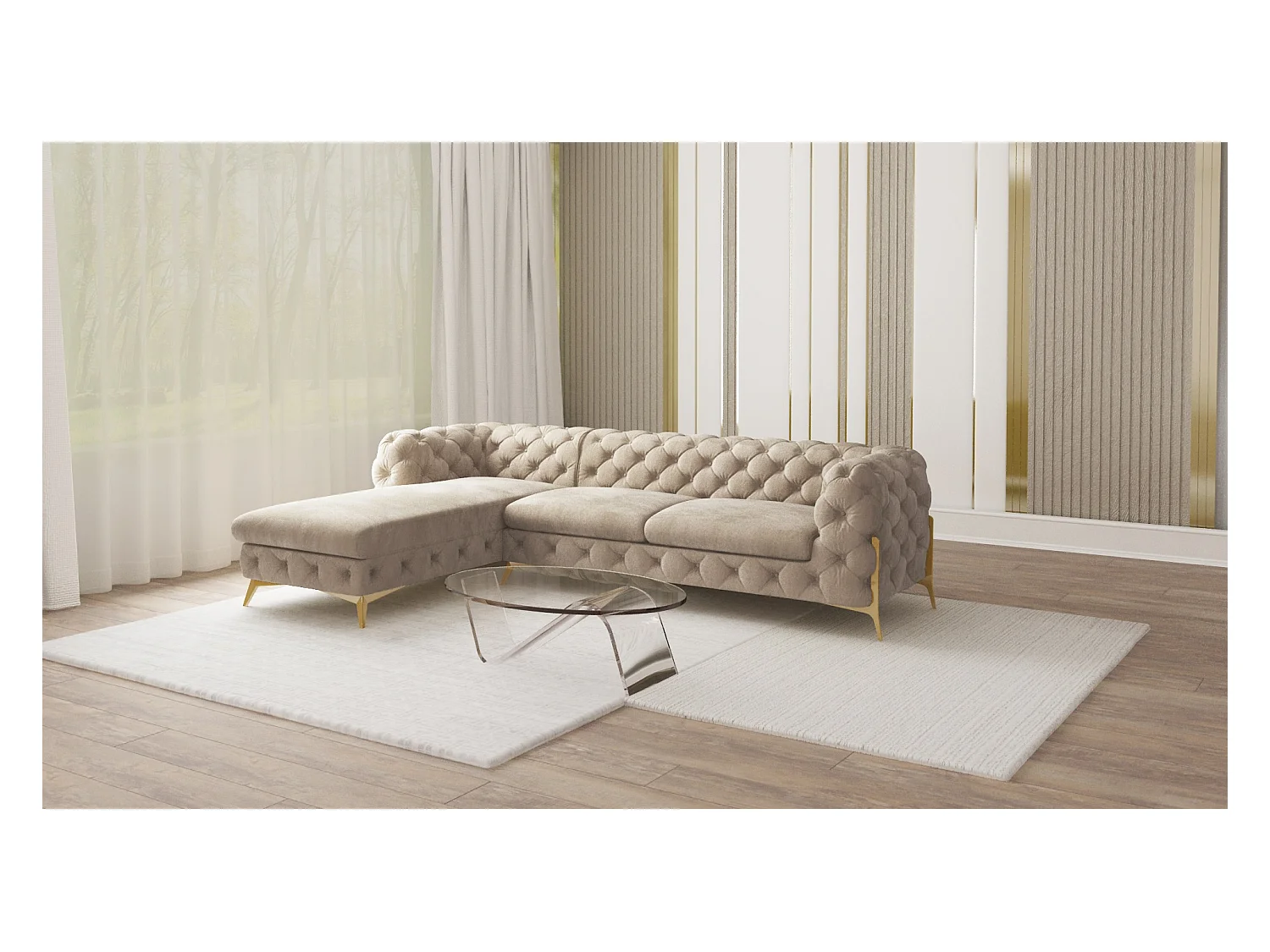 Ecksofa mit Ottomane Chesterfield Ulysses mit Goldene Metall Füßen