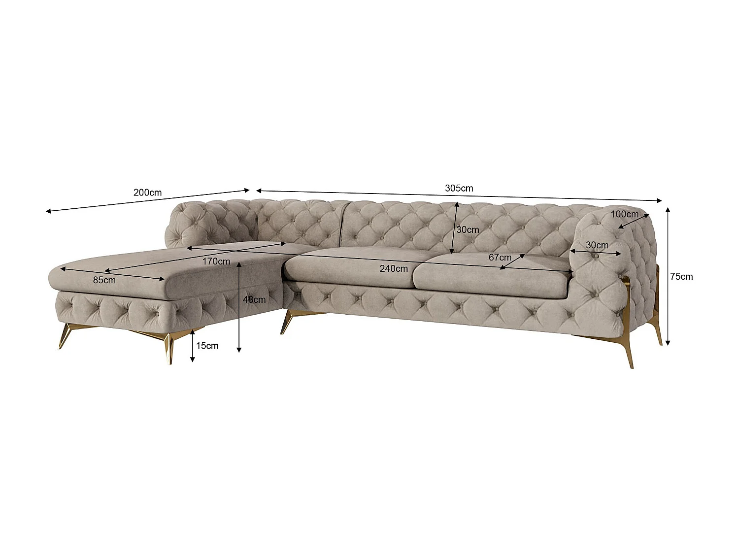 Ecksofa mit Ottomane Chesterfield Ulysses mit Goldene Metall Füßen