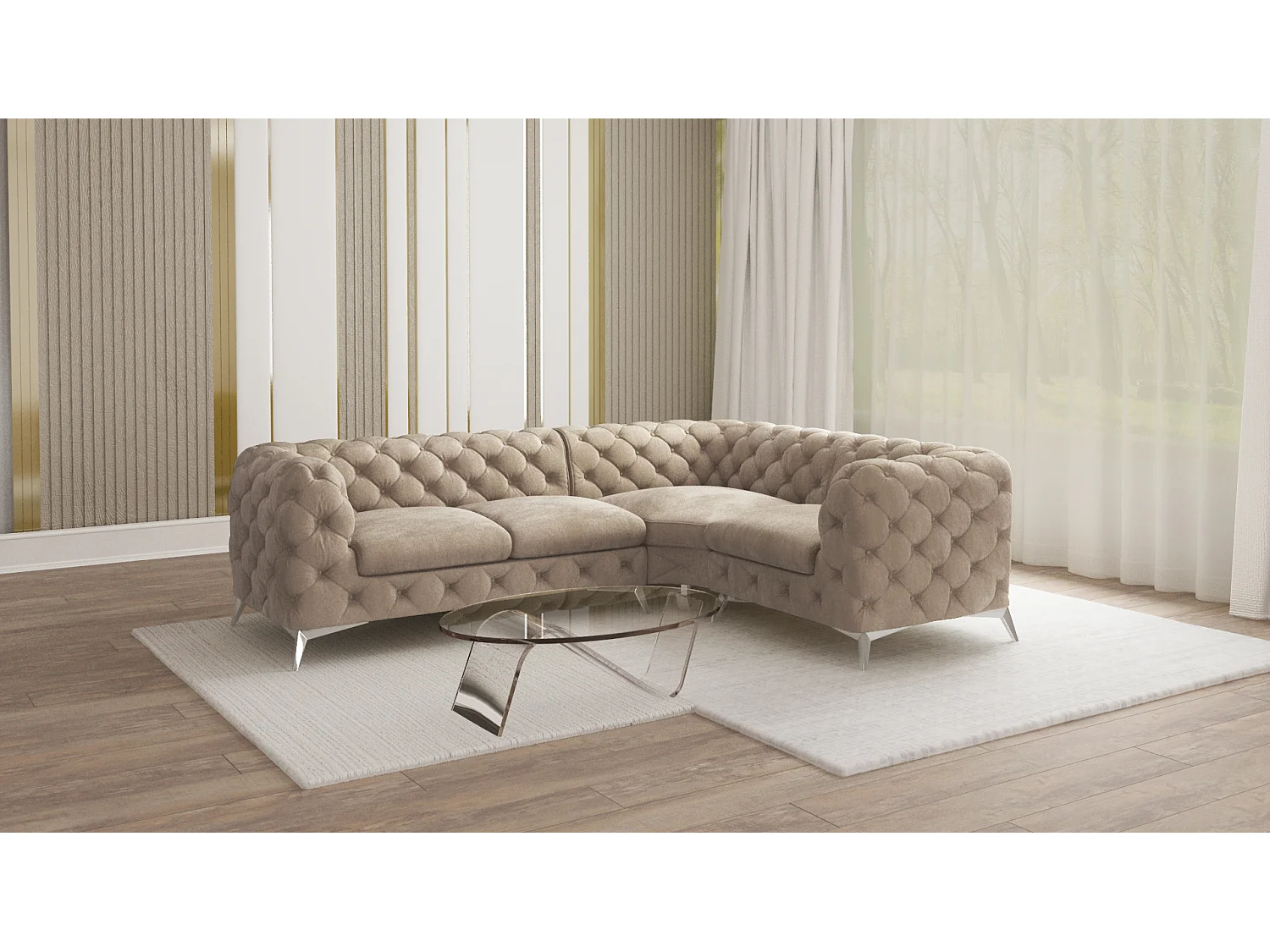 Ecksofa mit Ottomane Chesterfield Celeste mit Silber Metall Füßen