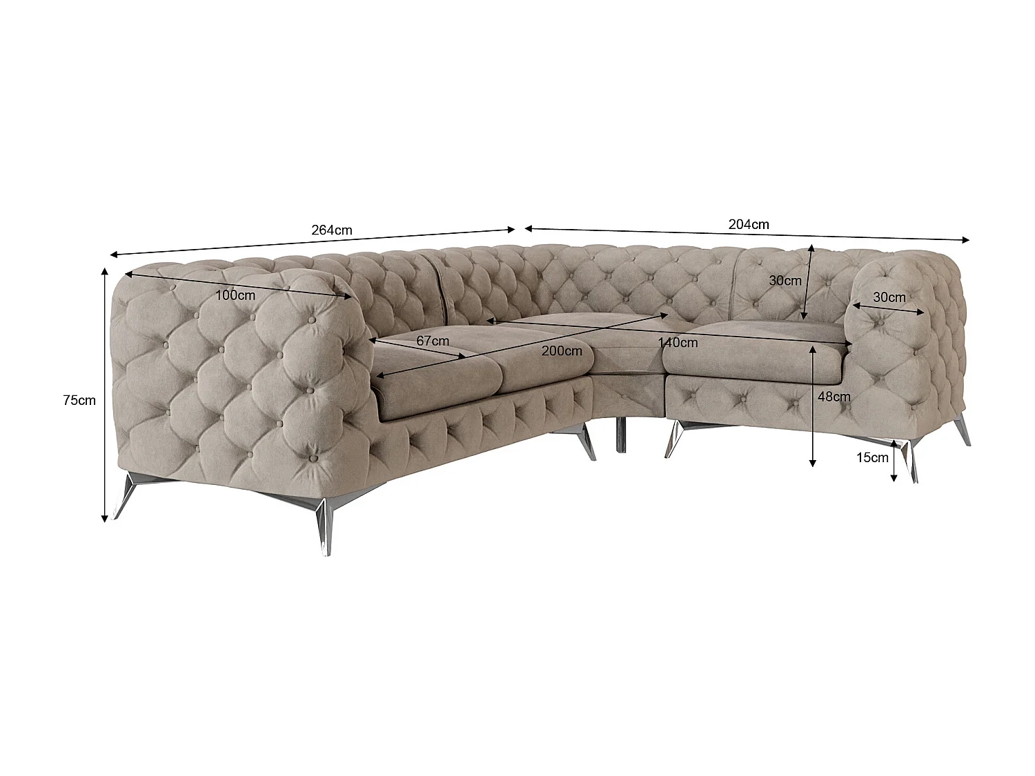 Ecksofa mit Ottomane Chesterfield Celeste mit Silber Metall Füßen
