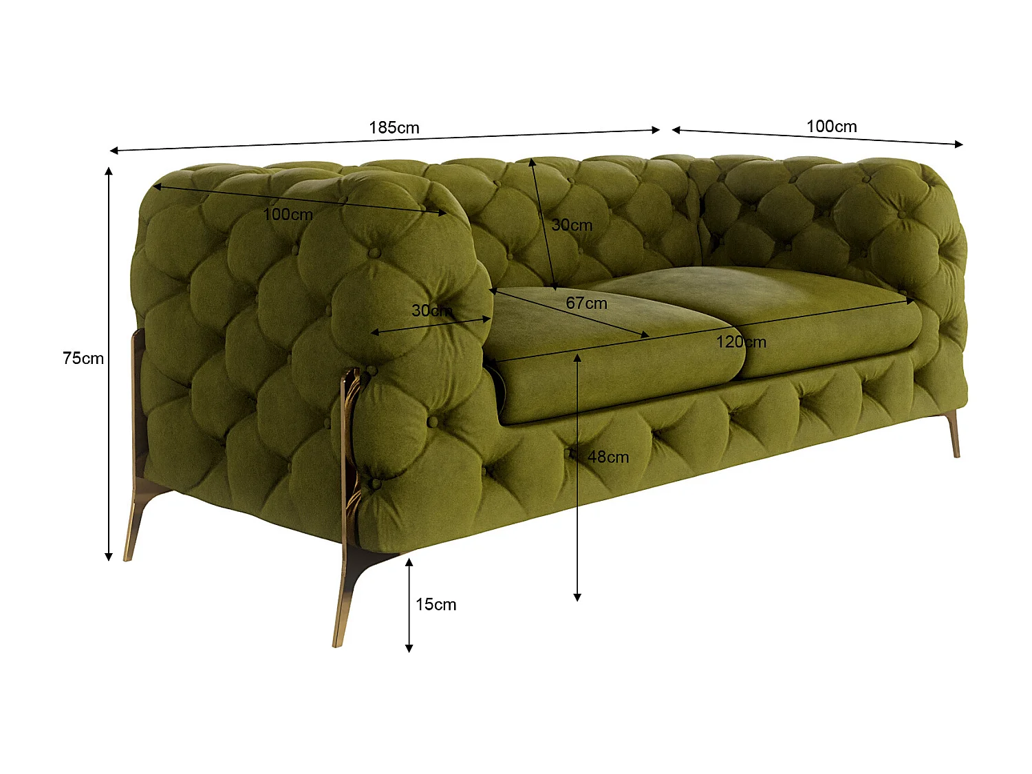 Ulysses 2-Sitzer Chesterfield Sofa mit Goldene Metall Füßen