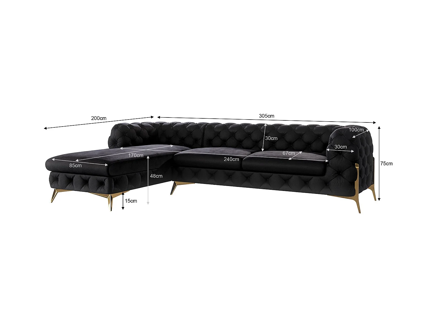 Ecksofa mit Ottomane Chesterfield Ulysses mit Goldene Metall Füßen