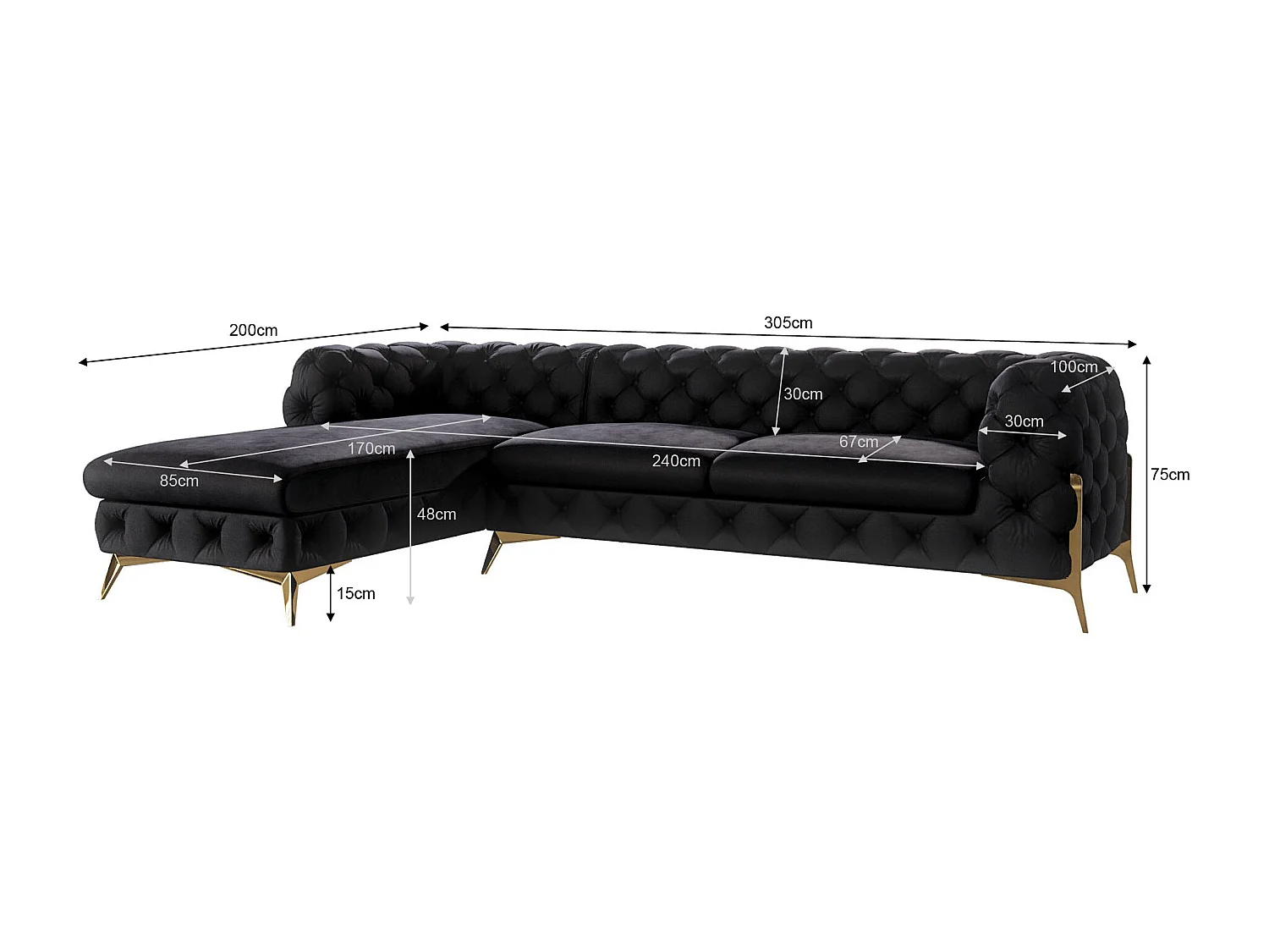 Ecksofa mit Ottomane Chesterfield Ulysses mit Goldene Metall Füßen