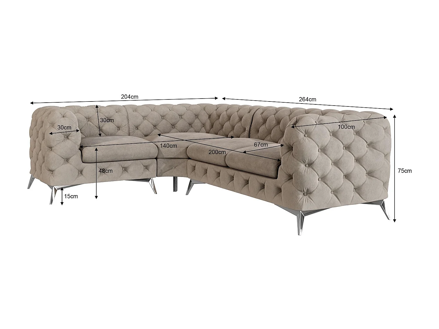 Ecksofa mit Ottomane Chesterfield Celeste mit Silber Metall Füßen