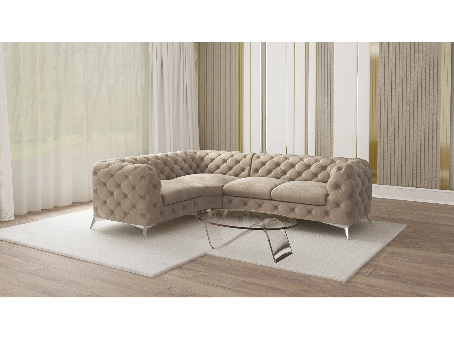 Ecksofa mit Ottomane Chesterfield Celeste mit Silber Metall Füßen