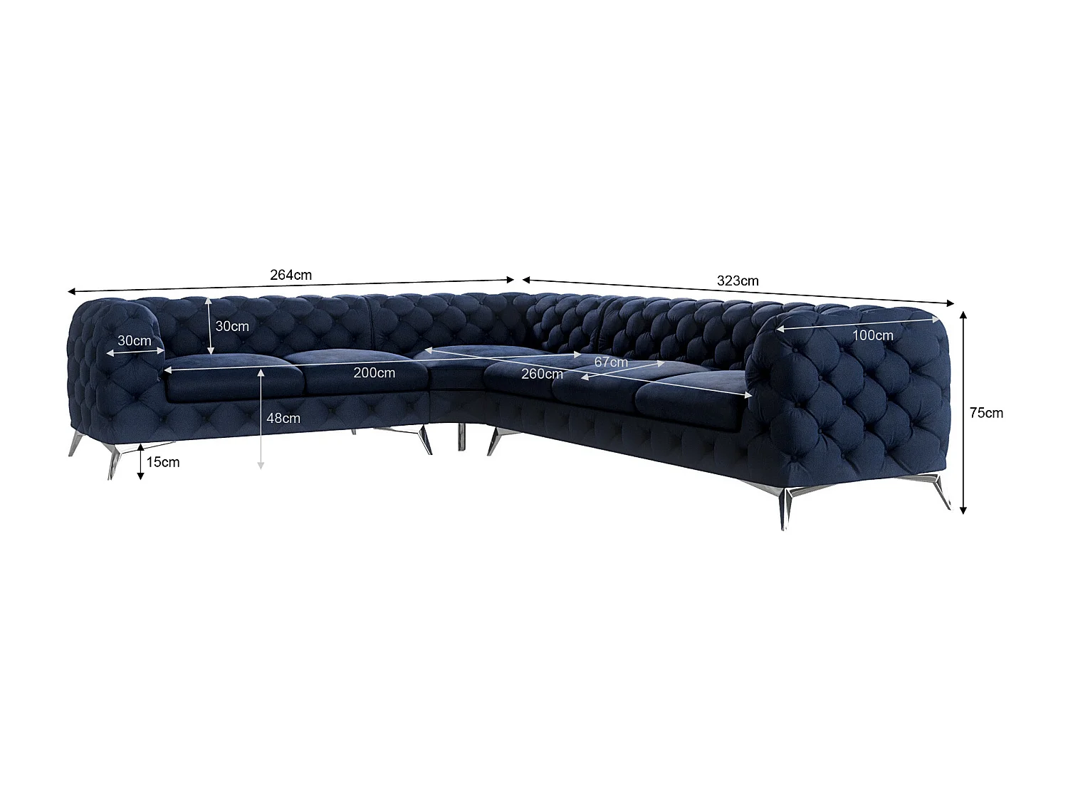 Ecksofa Chesterfield Celeste mit Silber Metall Füßen