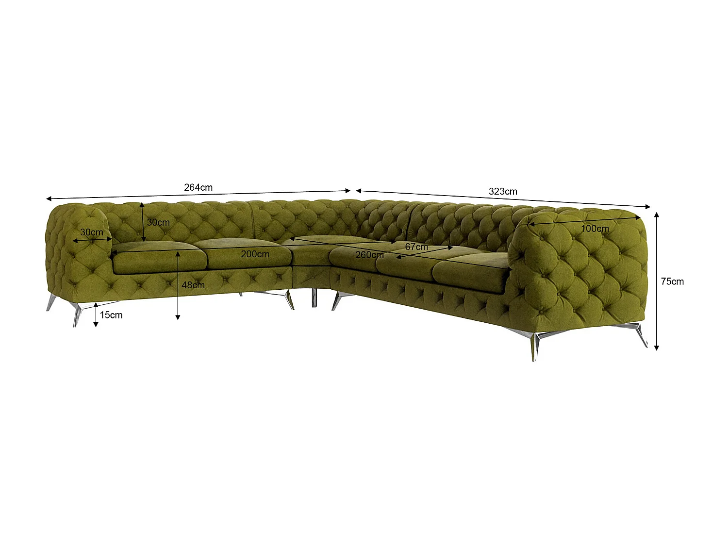 Ecksofa Chesterfield Celeste mit Silber Metall Füßen