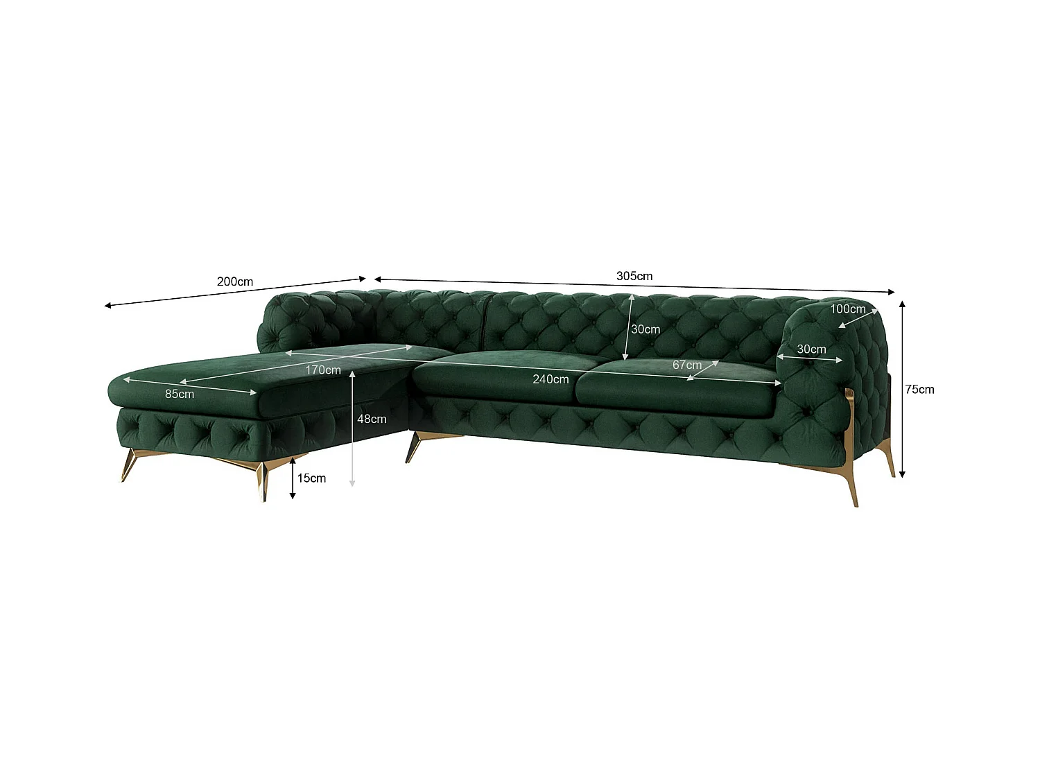 Ecksofa mit Ottomane Chesterfield Ulysses mit Goldene Metall Füßen