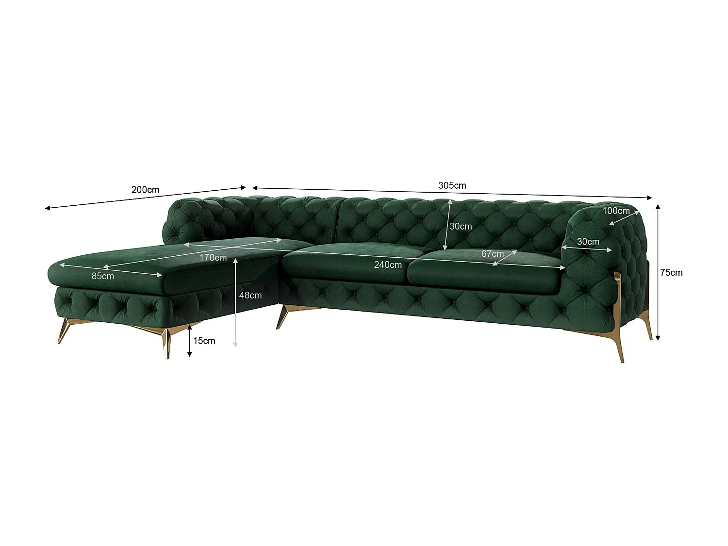 Ecksofa mit Ottomane Chesterfield Ulysses mit Goldene Metall Füßen