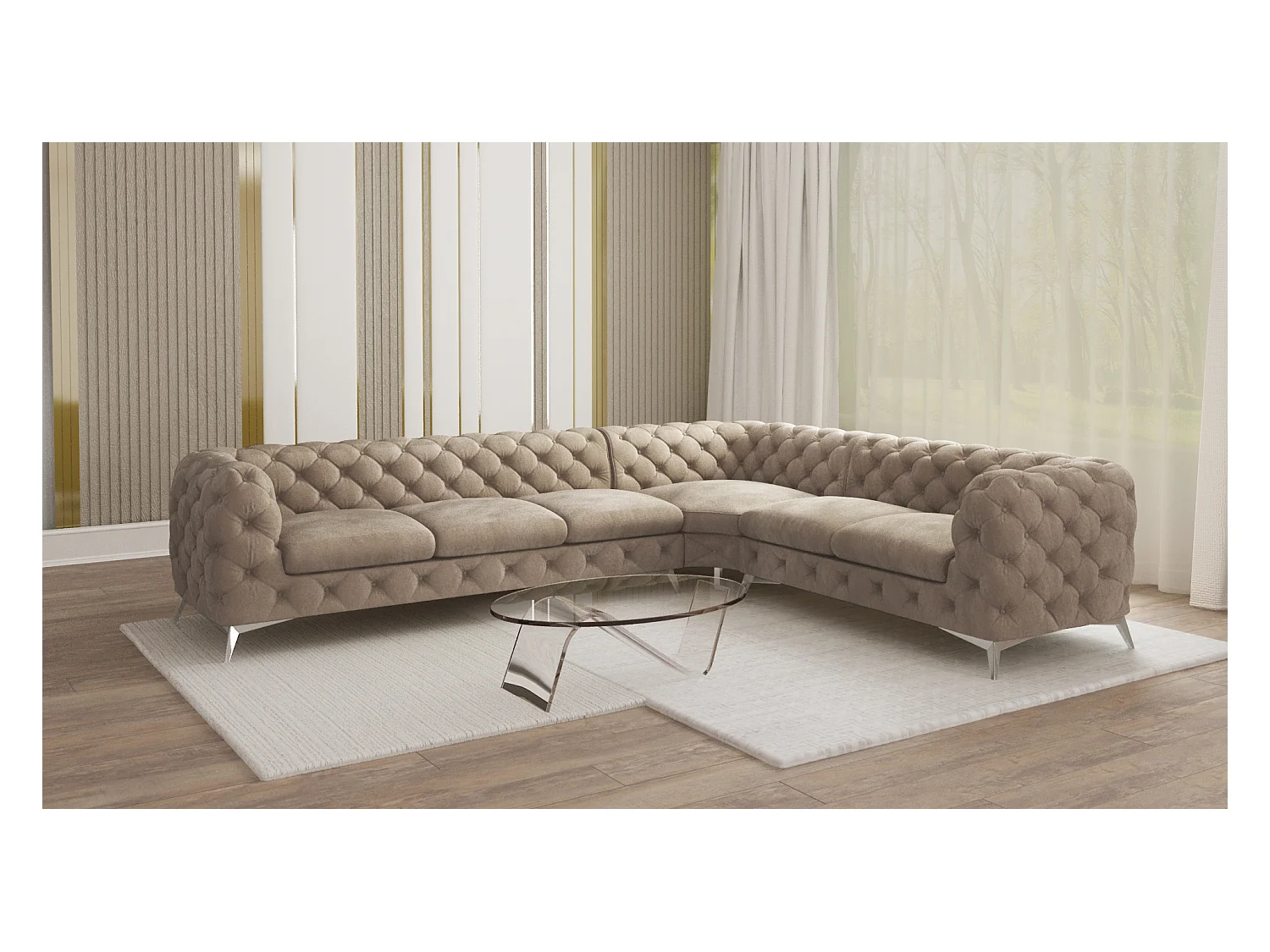 Ecksofa Chesterfield Celeste mit Silber Metall Füßen