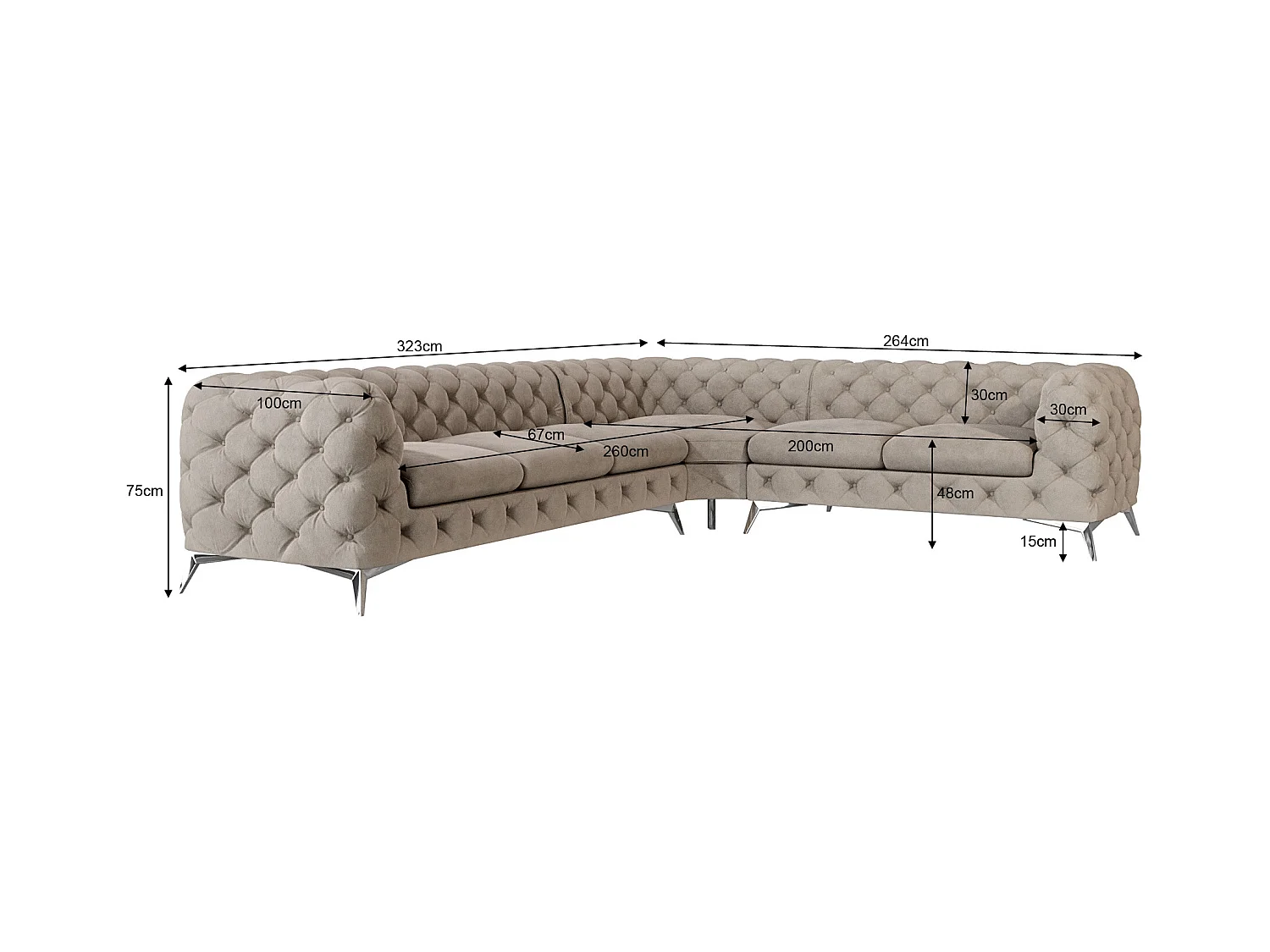 Ecksofa Chesterfield Celeste mit Silber Metall Füßen