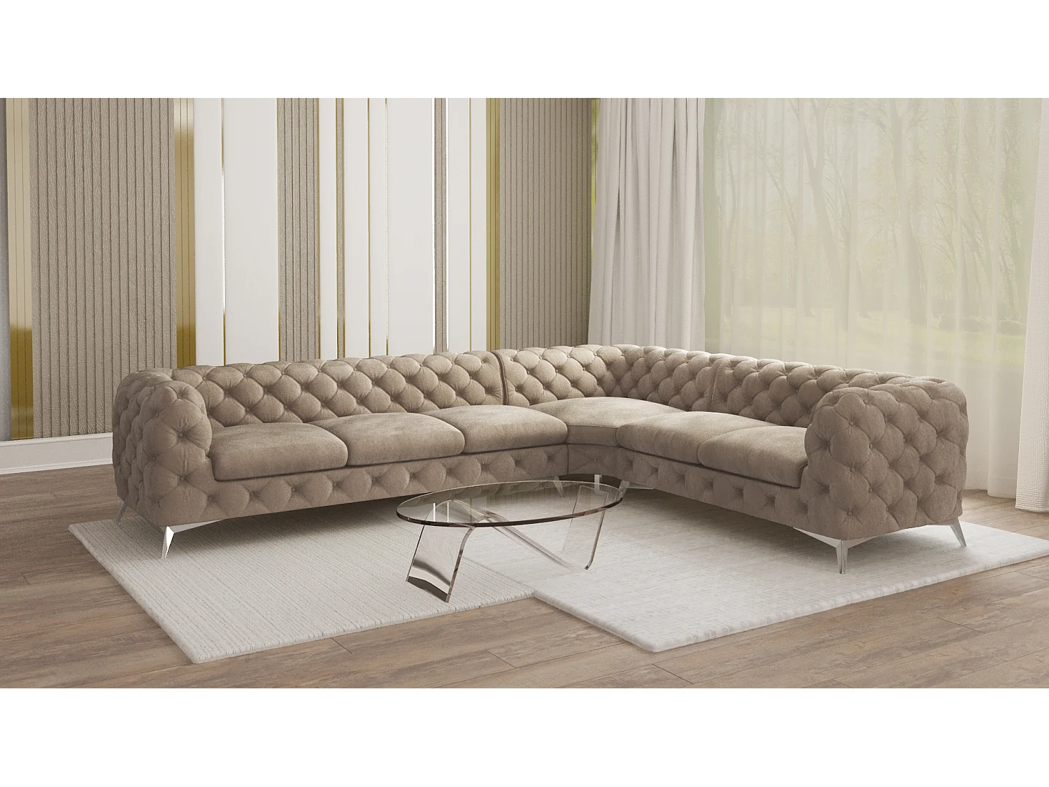 Ecksofa Chesterfield Celeste mit Silber Metall Füßen