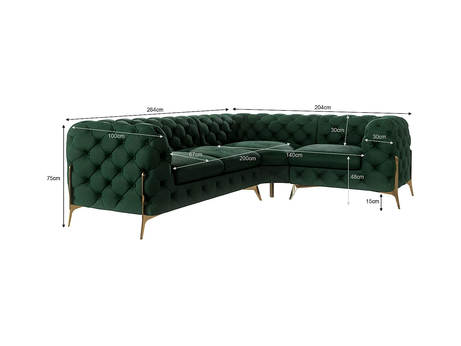 Ecksofa Chesterfield Ulysses mit Goldene Metall Füßen