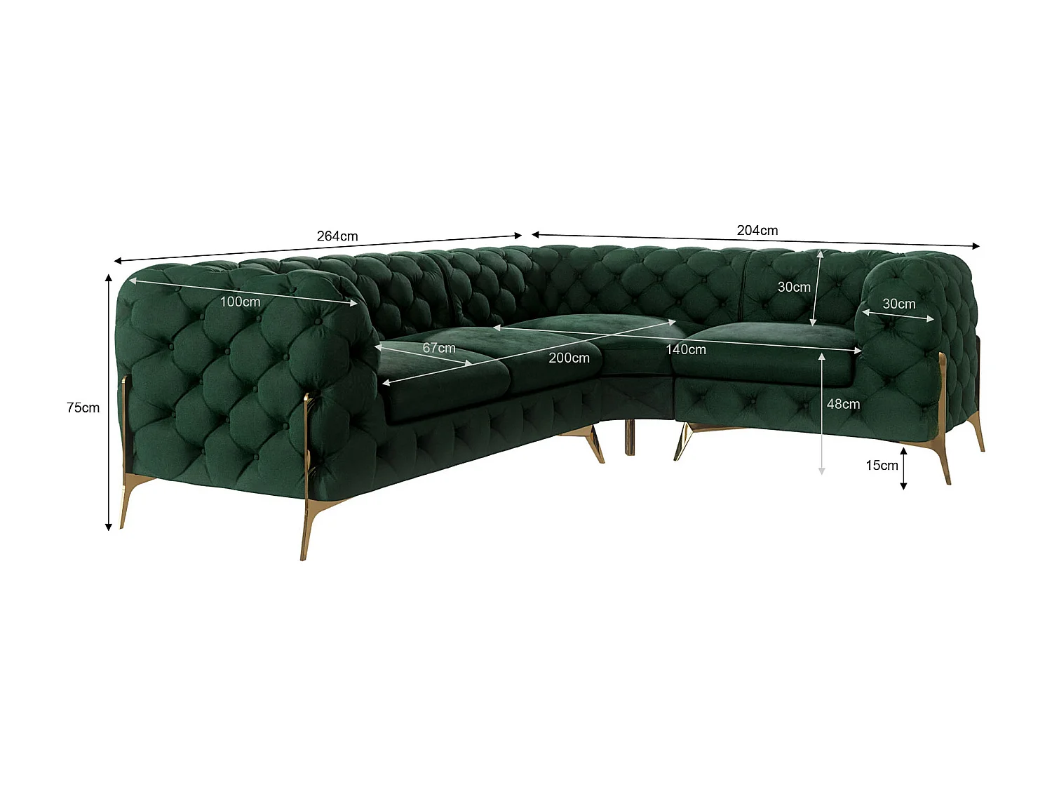 Ecksofa Chesterfield Ulysses mit Goldene Metall Füßen