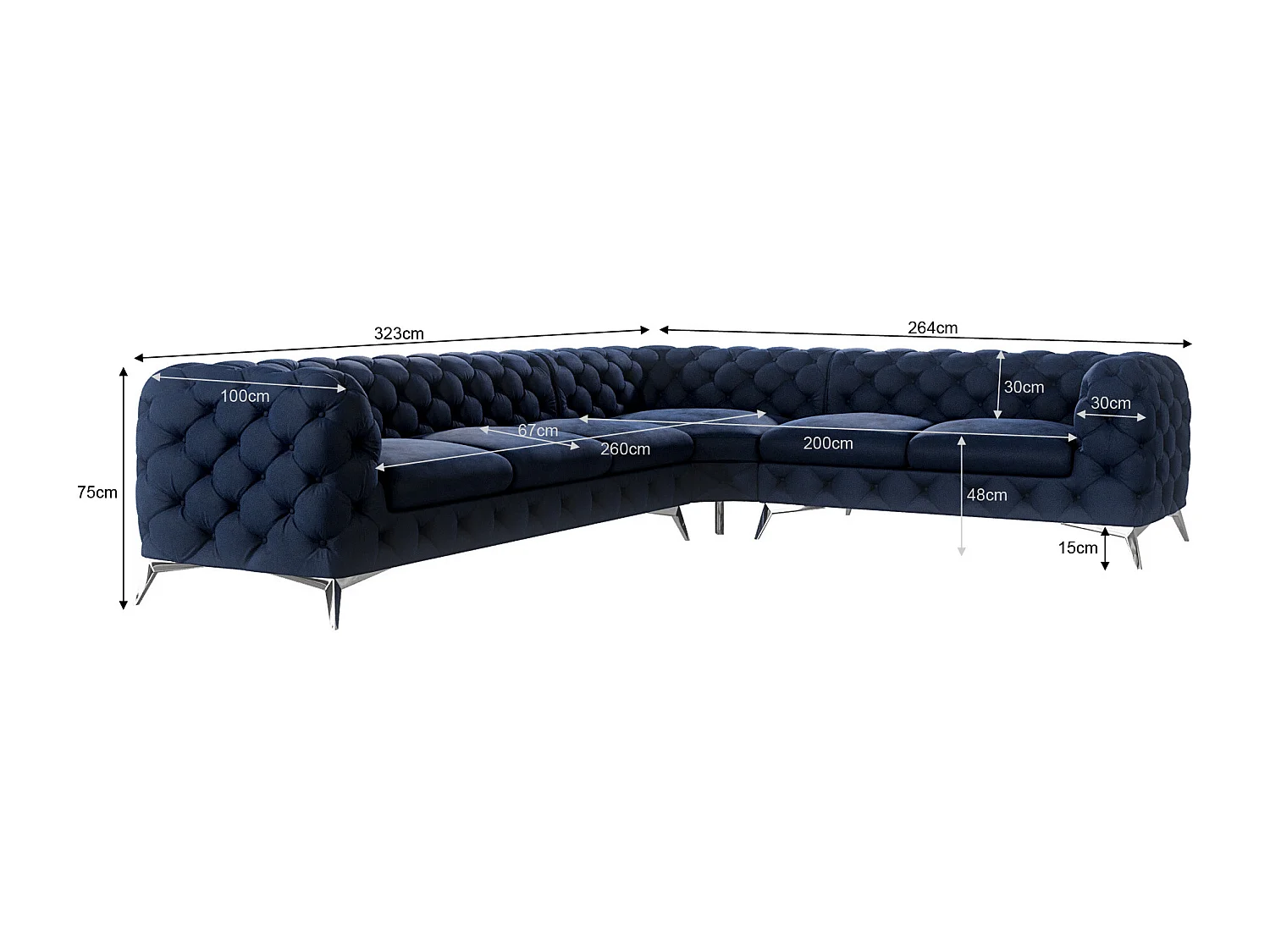 Ecksofa Chesterfield Celeste mit Silber Metall Füßen