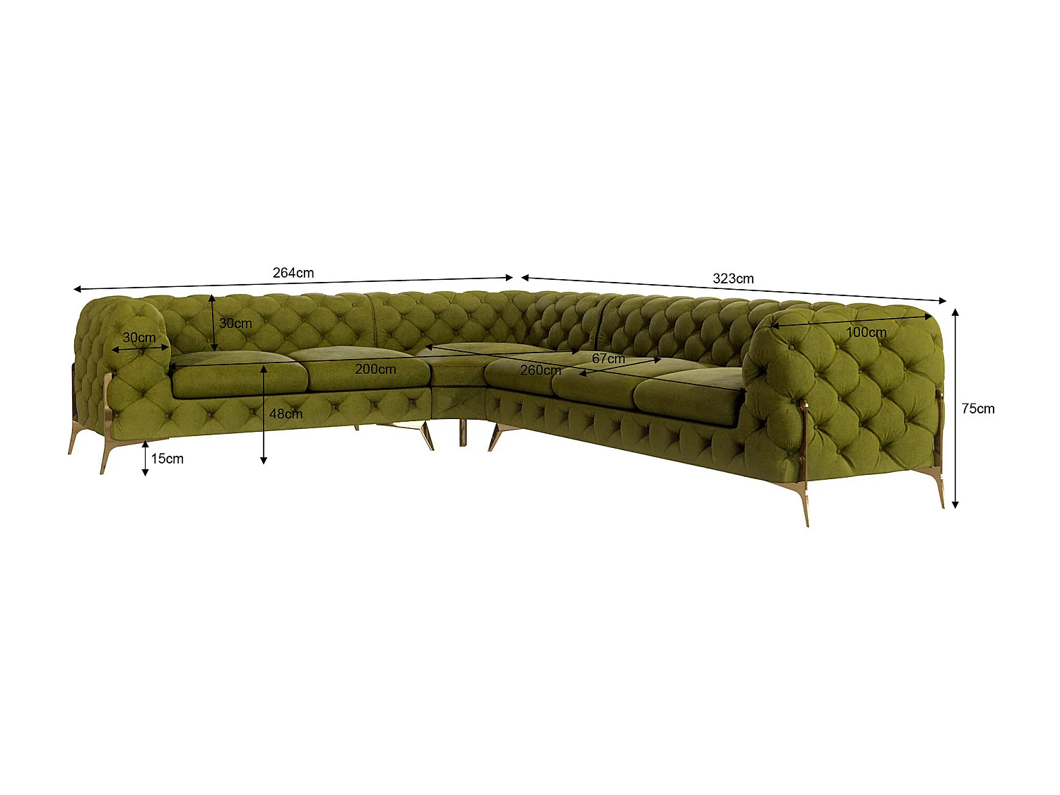 Ecksofa Chesterfield Ulysses mit Goldene Metall Füßen