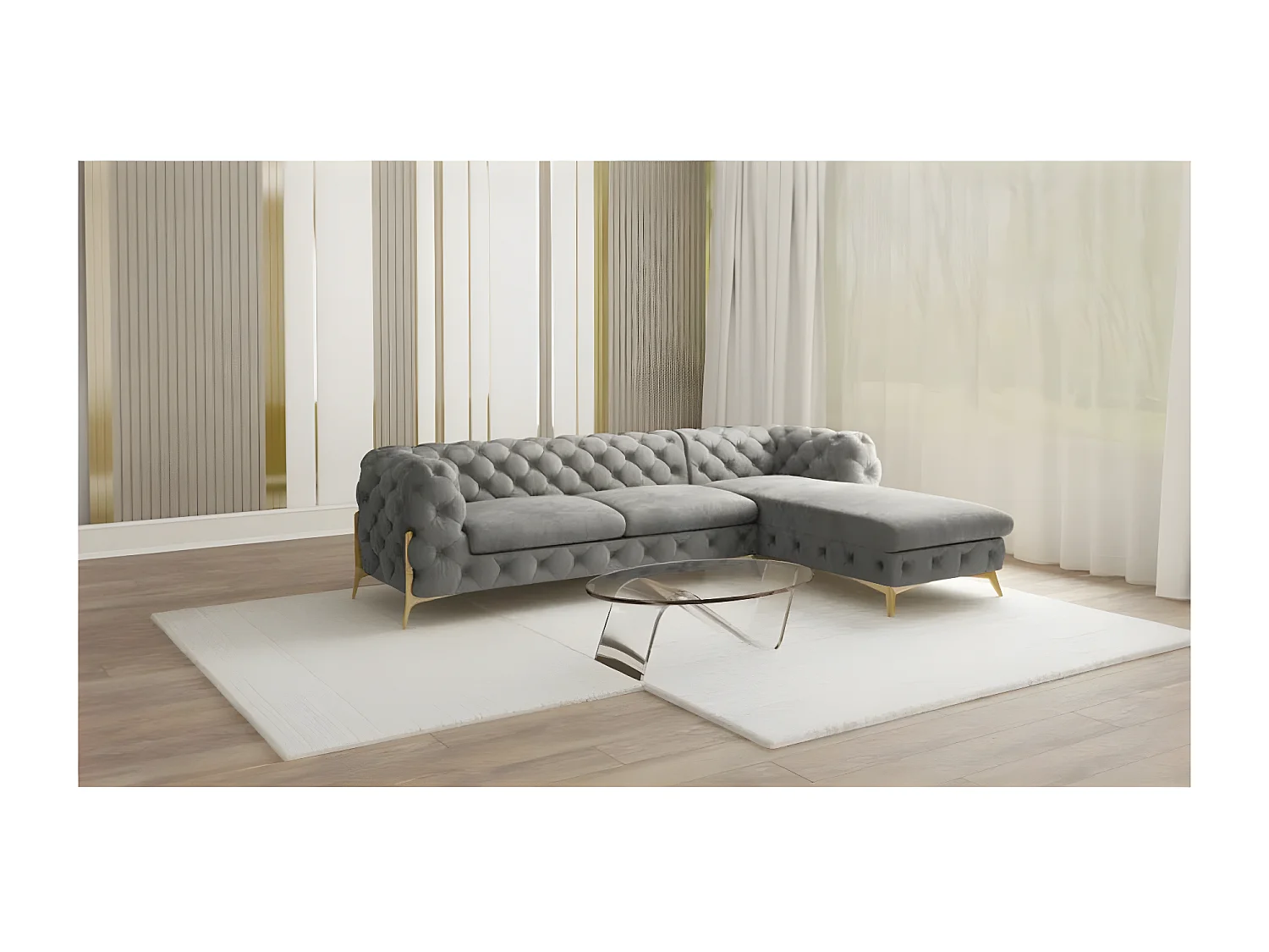 Ecksofa mit Ottomane Chesterfield Ulysses mit Goldene Metall Füßen