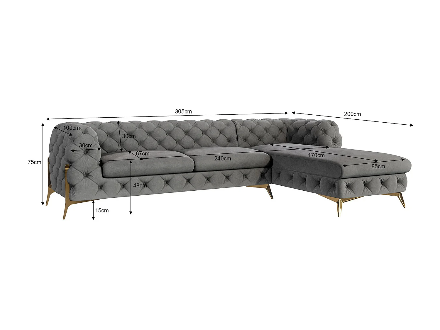 Ecksofa mit Ottomane Chesterfield Ulysses mit Goldene Metall Füßen