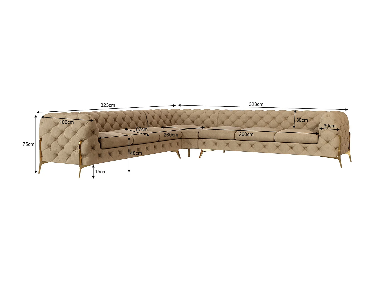 Ecksofa Chesterfield Ulysses mit Goldene Metall Füßen