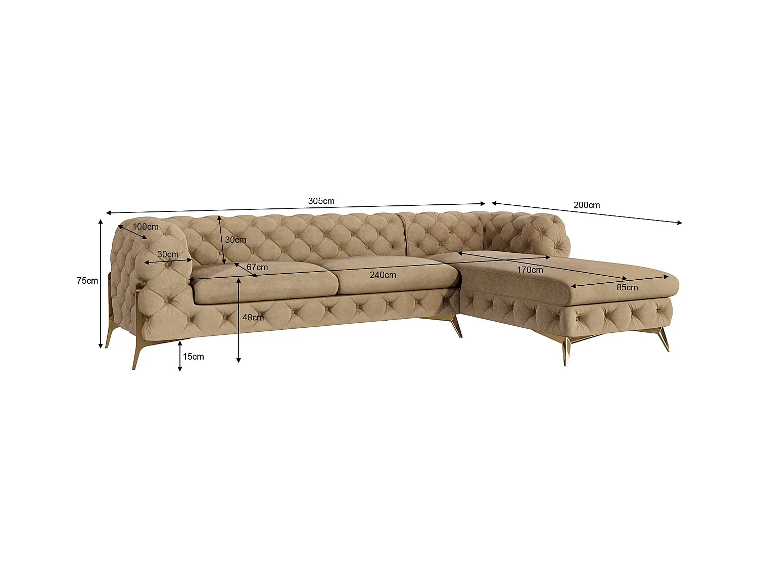 Ecksofa mit Ottomane Chesterfield Ulysses mit Goldene Metall Füßen