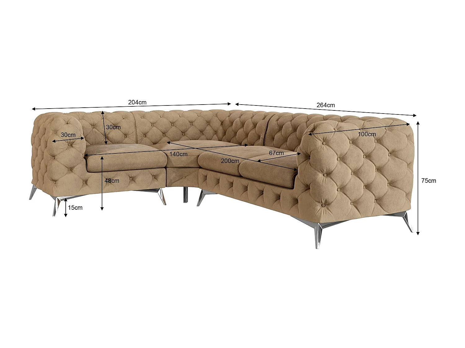 Ecksofa mit Ottomane Chesterfield Celeste mit Silber Metall Füßen