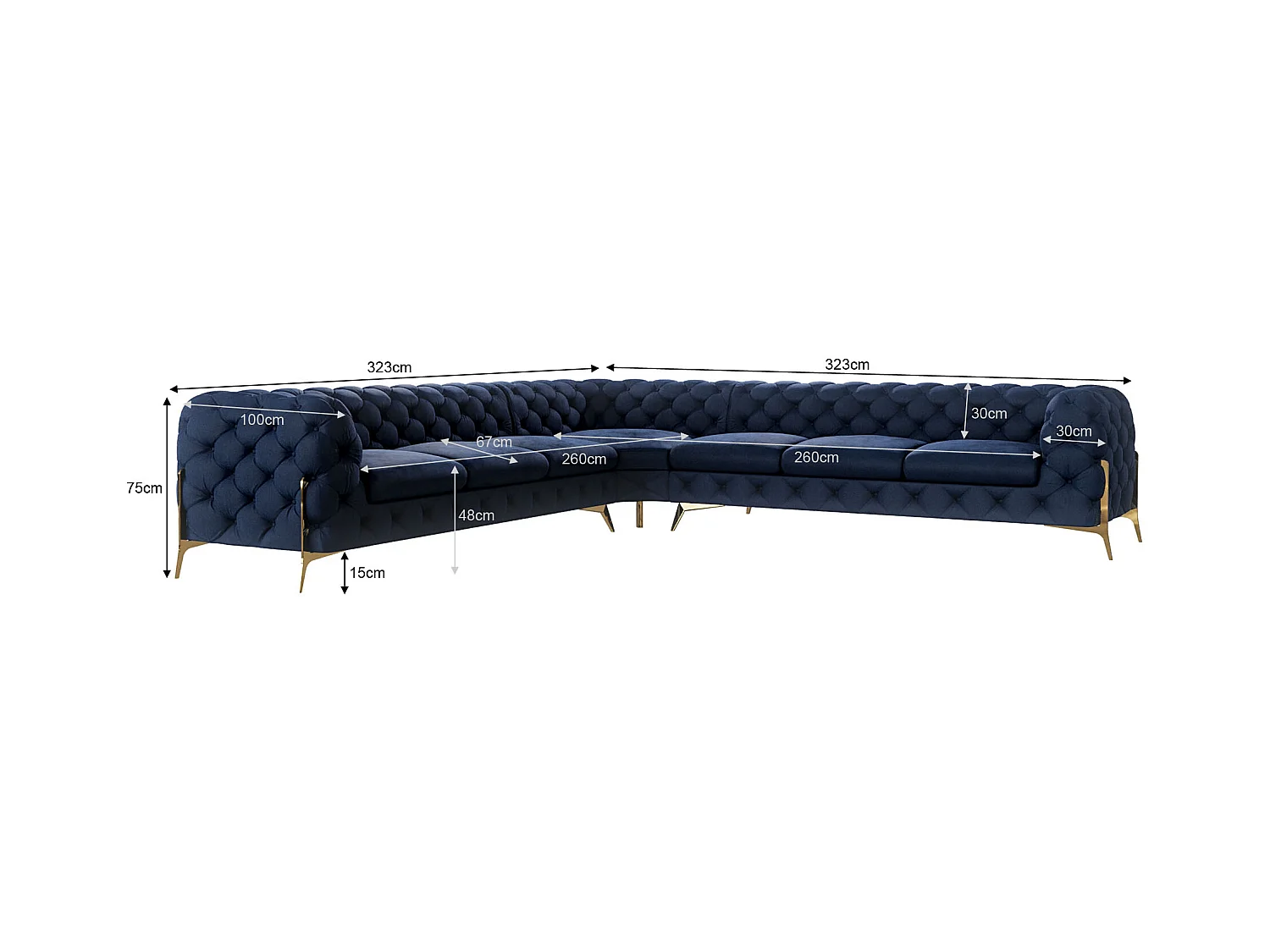 Ecksofa Chesterfield Ulysses mit Goldene Metall Füßen