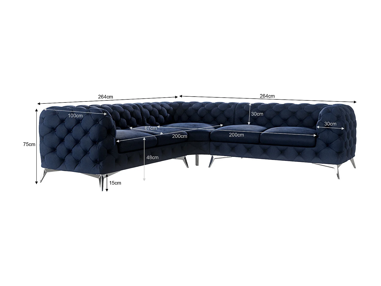 Ecksofa Chesterfield Celeste mit Silber Metall Füßen