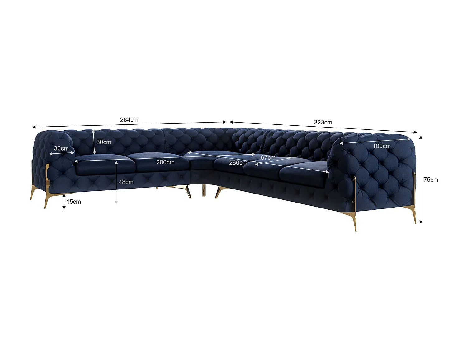 Ecksofa Chesterfield Ulysses mit Goldene Metall Füßen