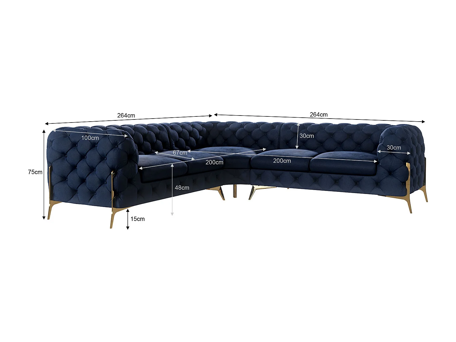 Ecksofa Chesterfield Ulysses mit Goldene Metall Füßen