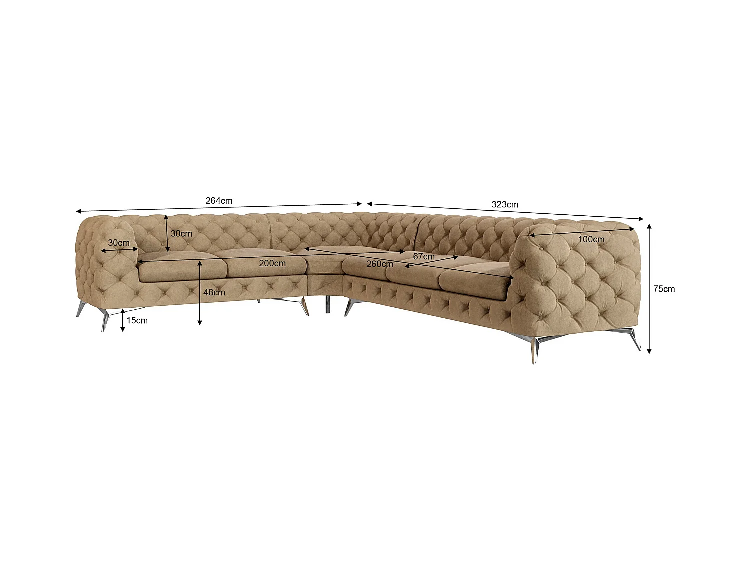 Ecksofa Chesterfield Celeste mit Silber Metall Füßen