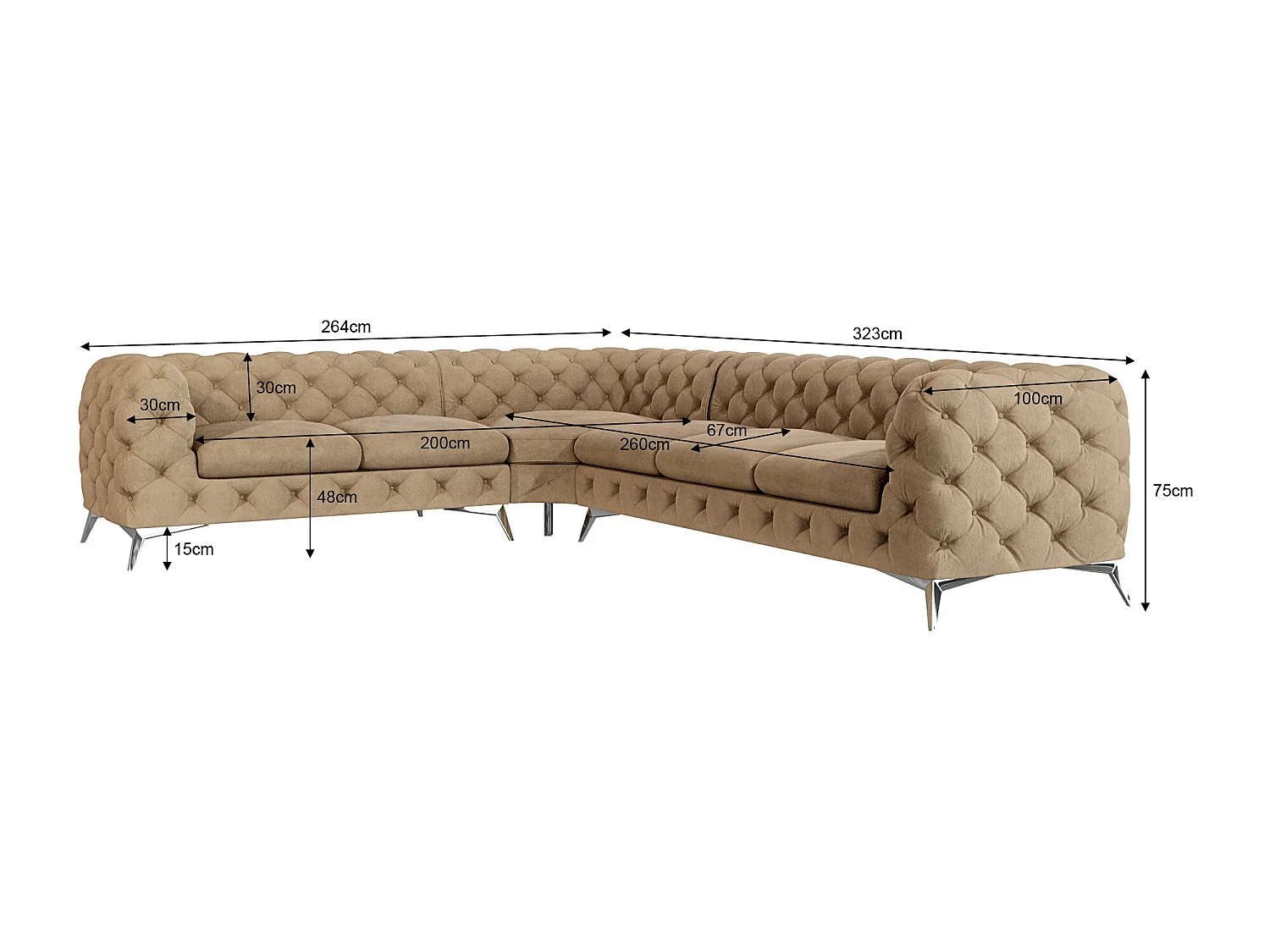 Ecksofa Chesterfield Celeste mit Silber Metall Füßen