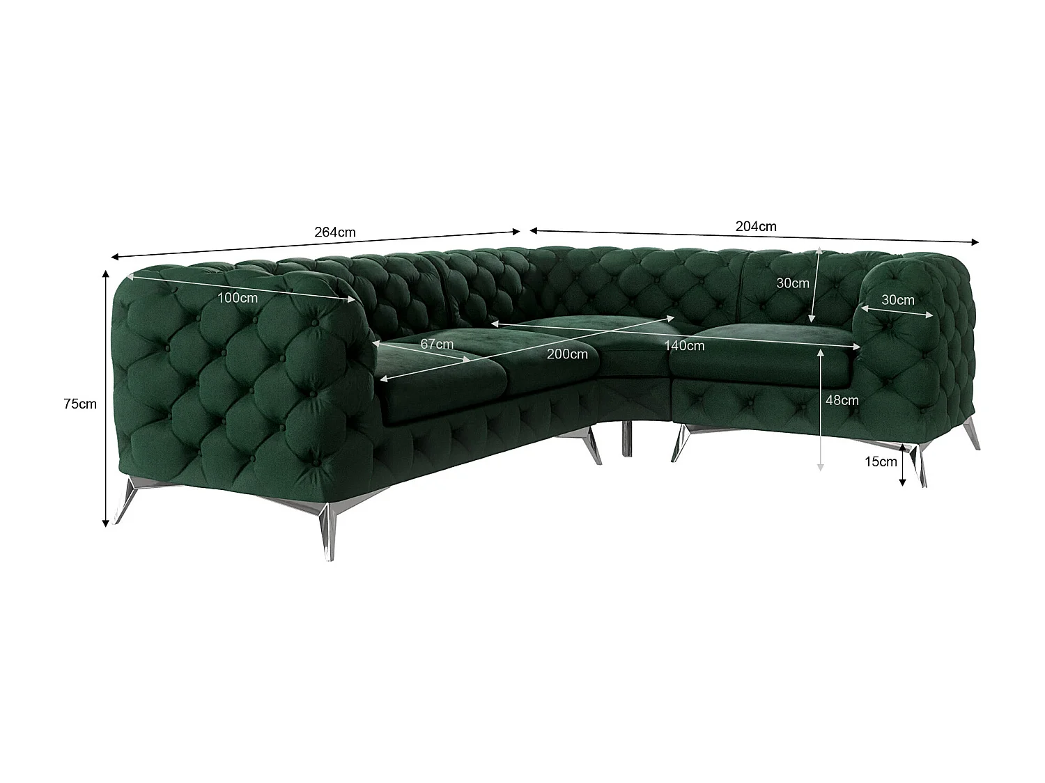 Ecksofa mit Ottomane Chesterfield Celeste mit Silber Metall Füßen
