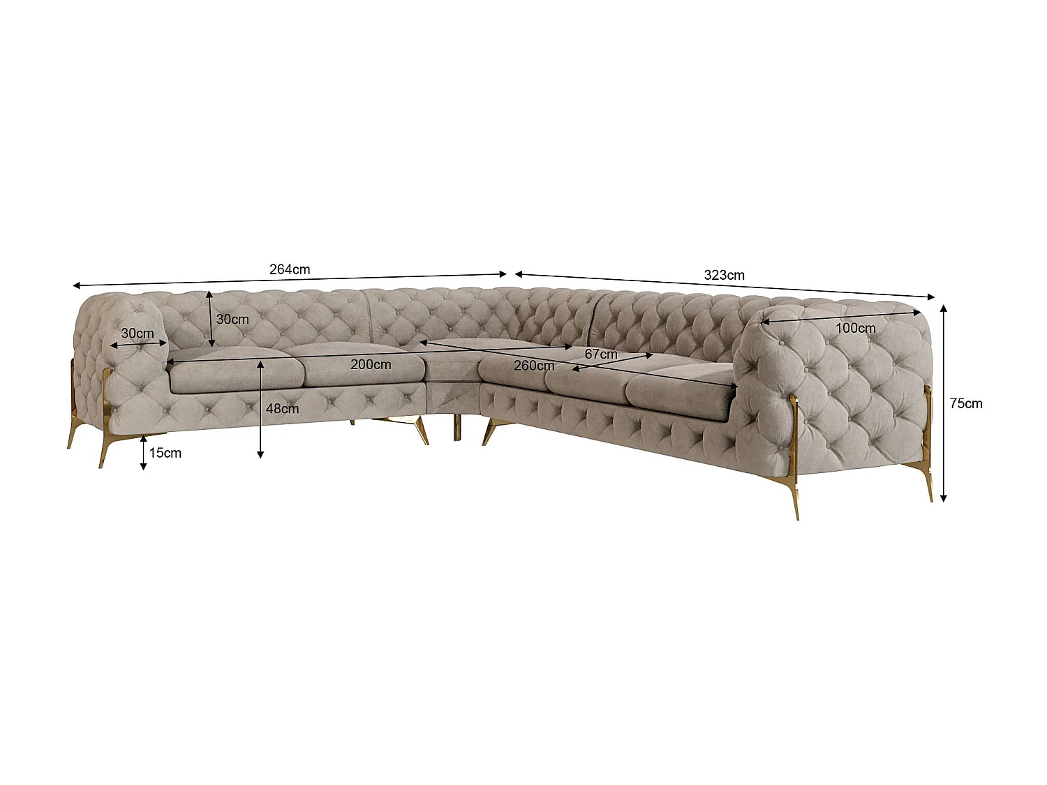 Ecksofa Chesterfield Ulysses mit Goldene Metall Füßen