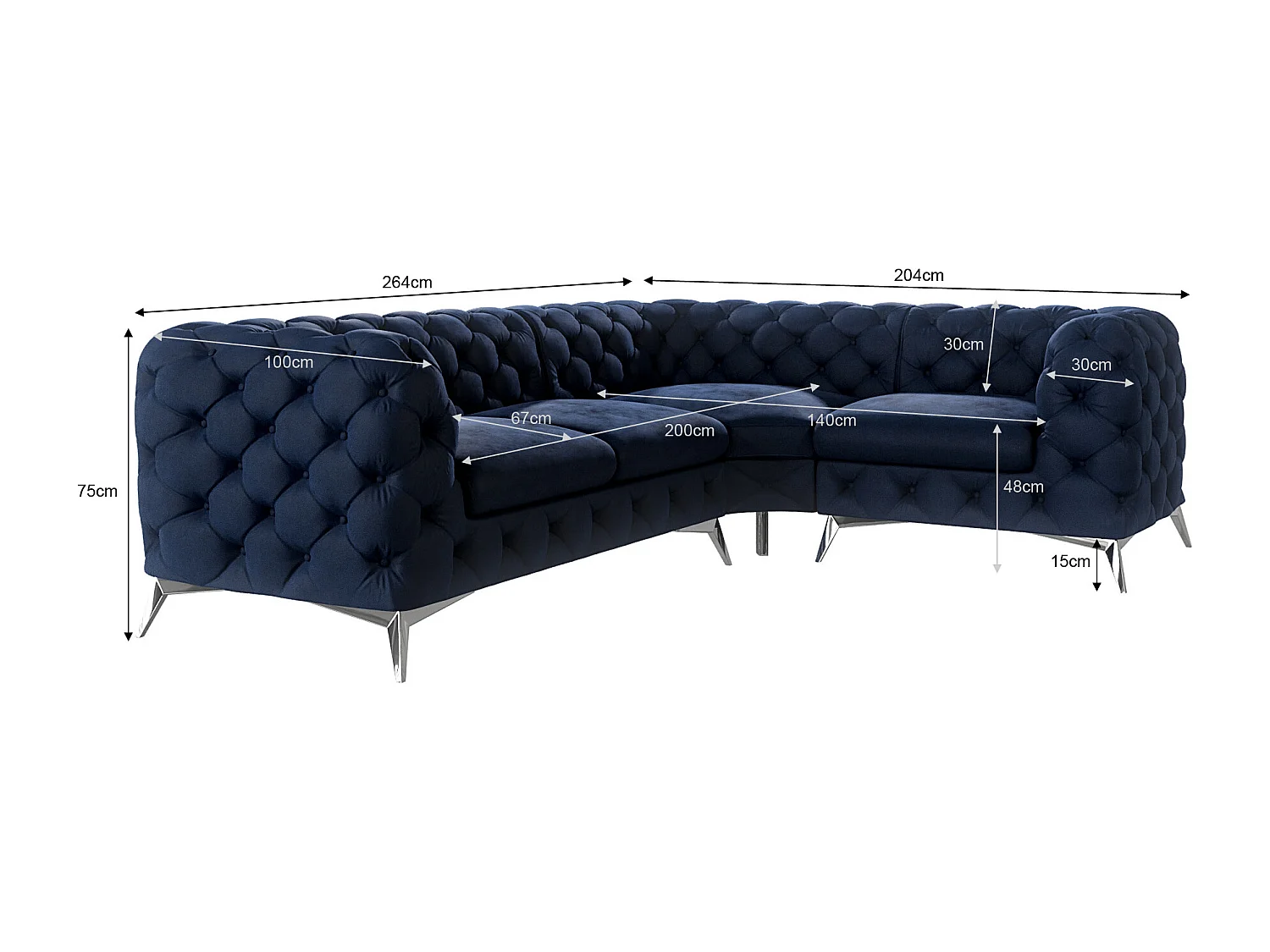 Ecksofa mit Ottomane Chesterfield Celeste mit Silber Metall Füßen