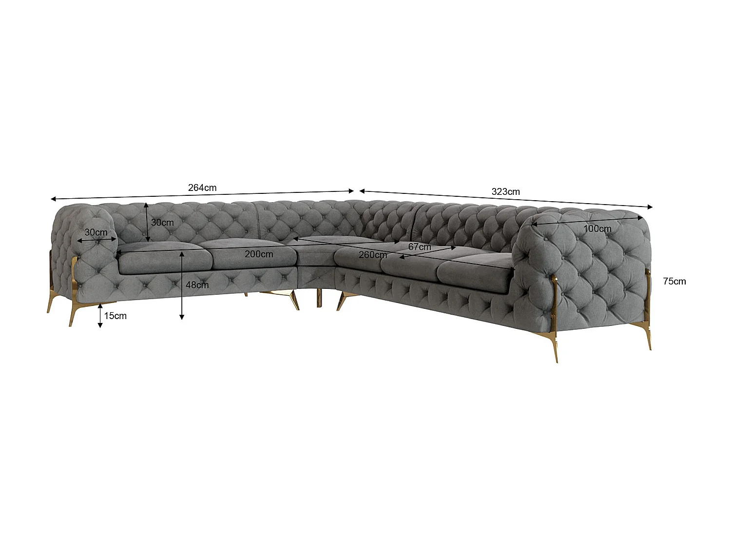 Ecksofa Chesterfield Ulysses mit Goldene Metall Füßen