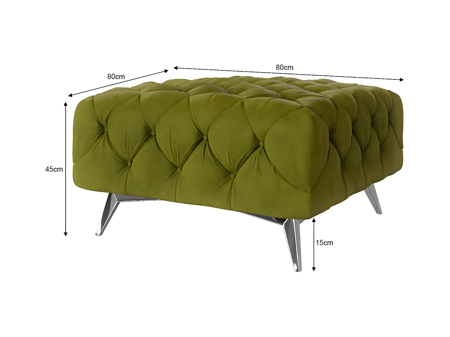 Polsterhocker Celeste mit klassischer Chesterfield-Knopfheftung und Silber Metall Füßen