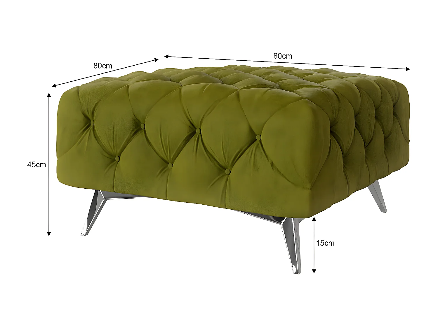 Polsterhocker Celeste mit klassischer Chesterfield-Knopfheftung und Silber Metall Füßen