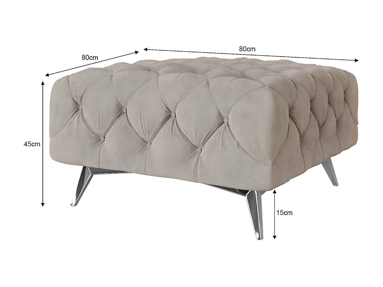 Polsterhocker Celeste mit klassischer Chesterfield-Knopfheftung und Silber Metall Füßen