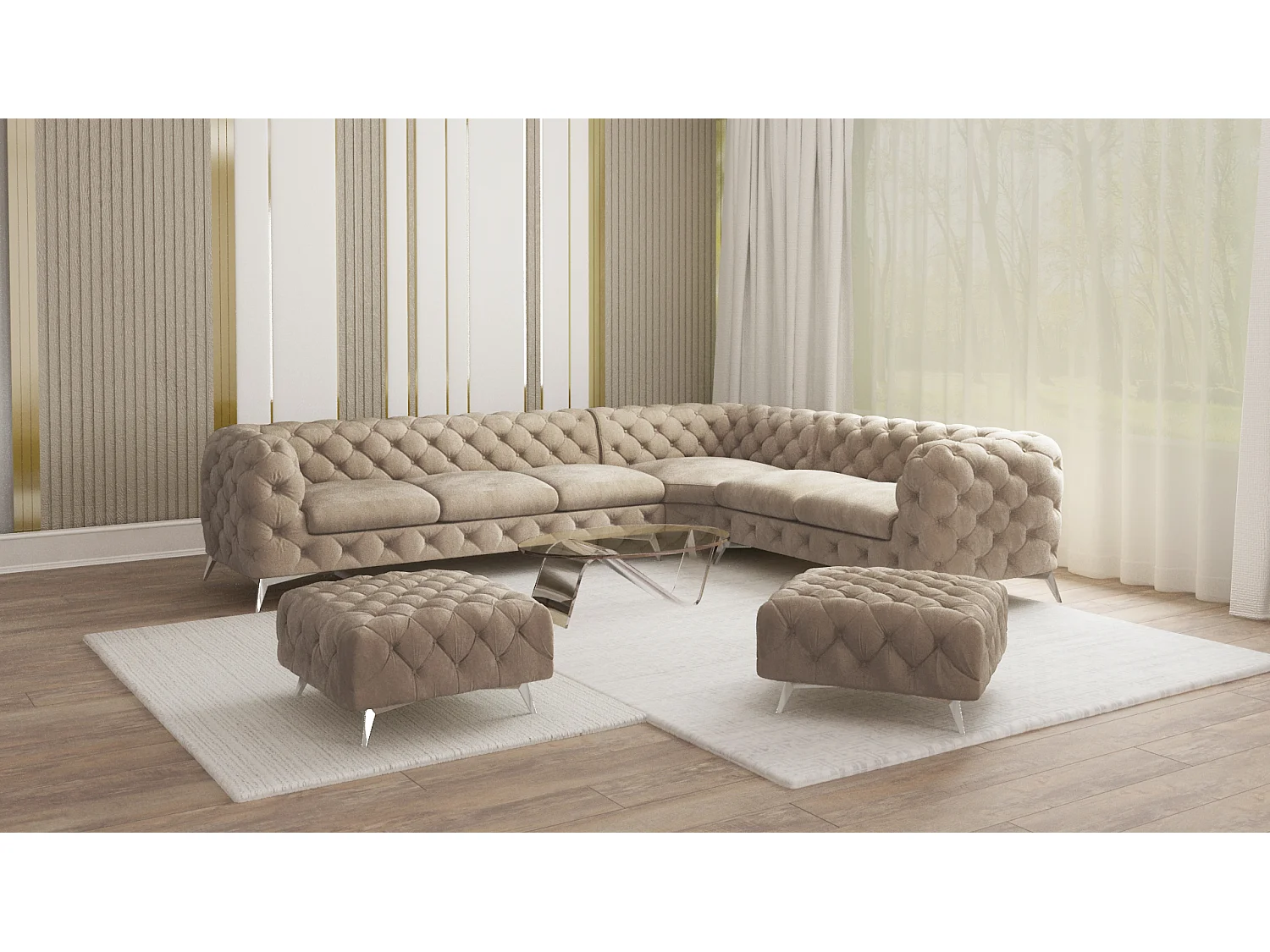 Polsterhocker Celeste mit klassischer Chesterfield-Knopfheftung und Silber Metall Füßen