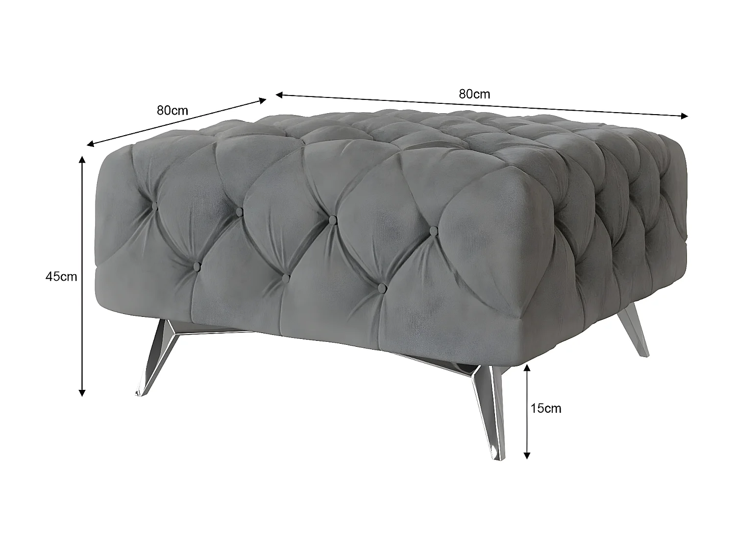 Polsterhocker Celeste mit klassischer Chesterfield-Knopfheftung und Silber Metall Füßen