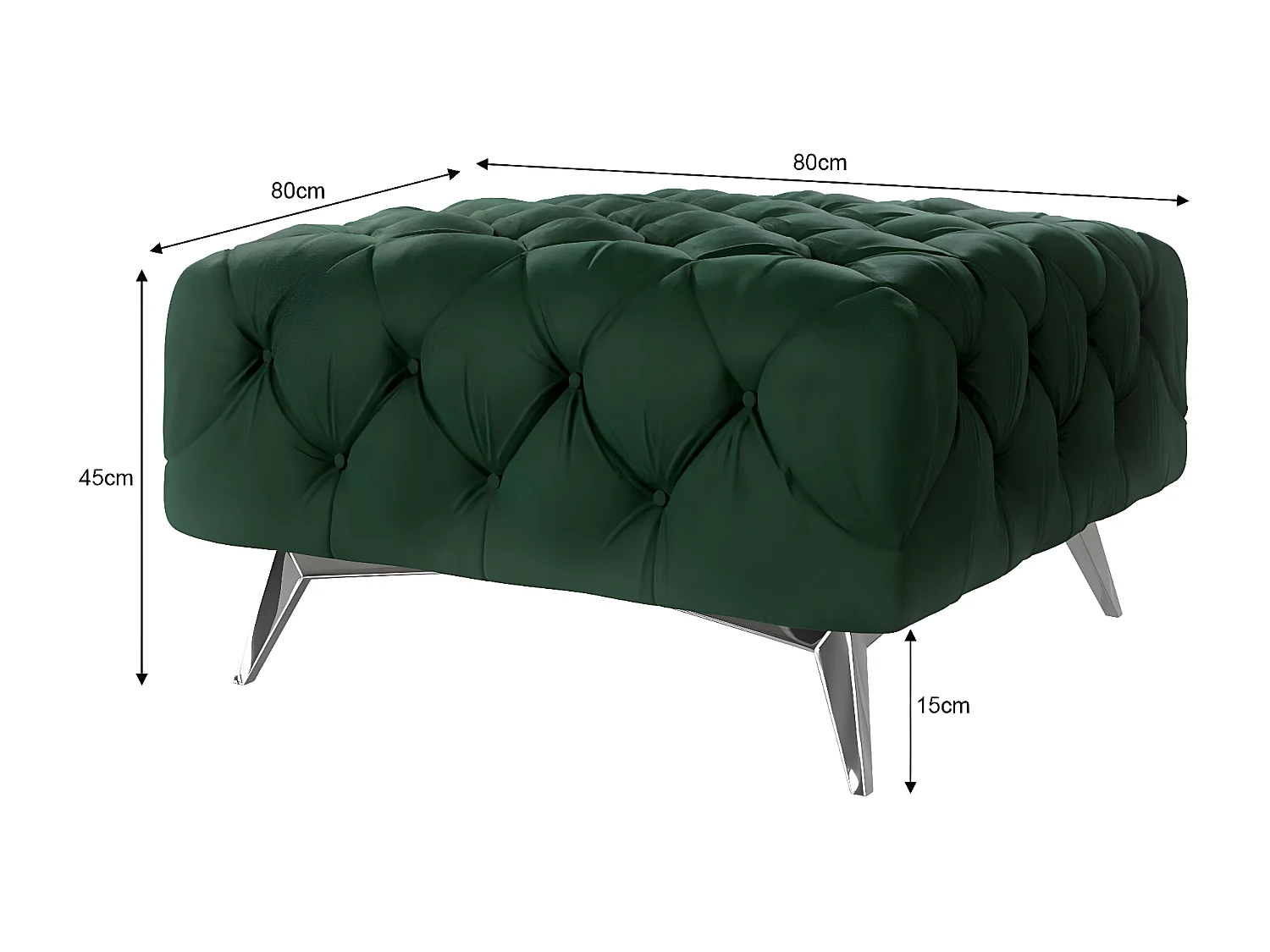 Polsterhocker Celeste mit klassischer Chesterfield-Knopfheftung und Silber Metall Füßen