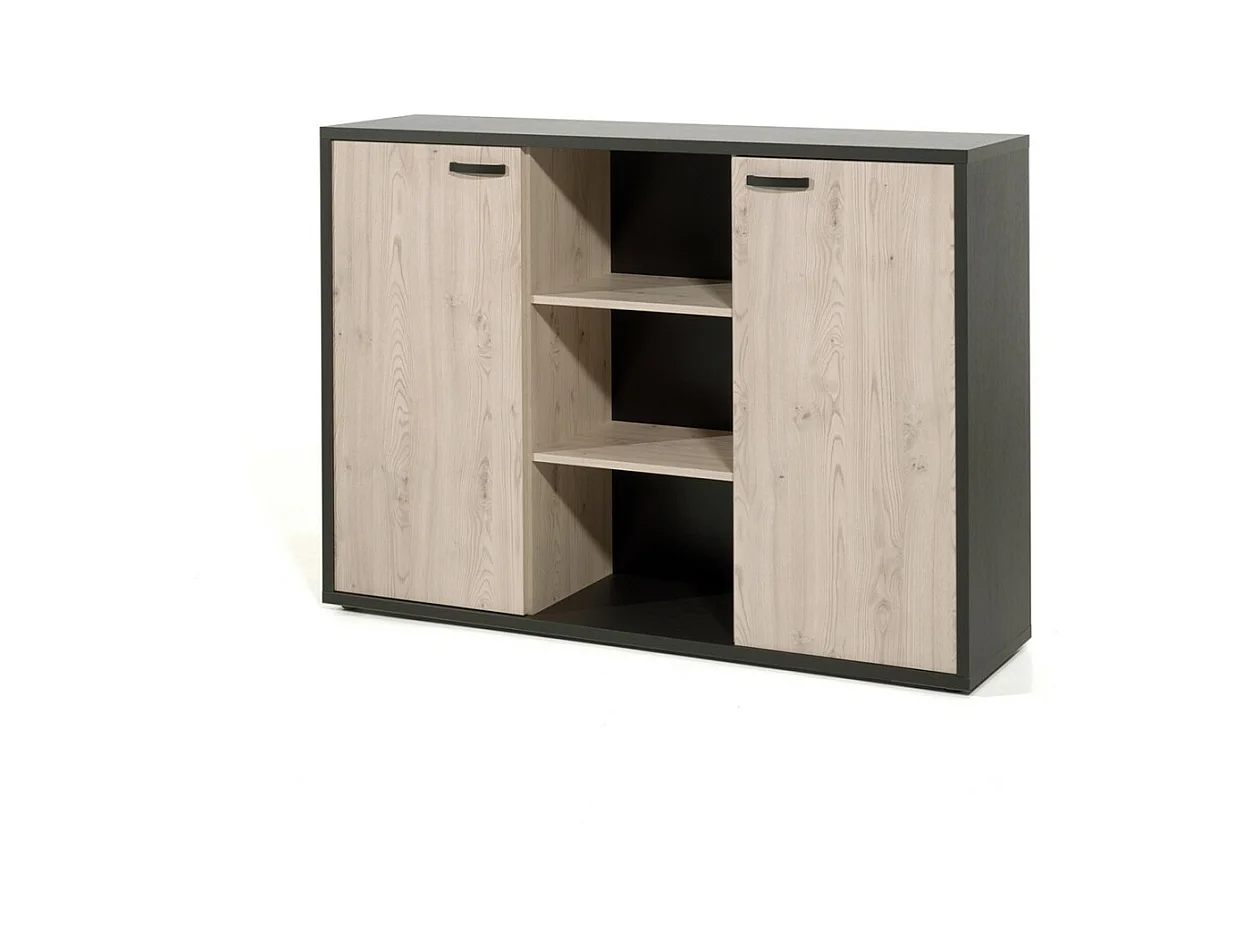 Buffet bas de rangement pour bureau 2 portes et étagères coloris chêne clair et noir