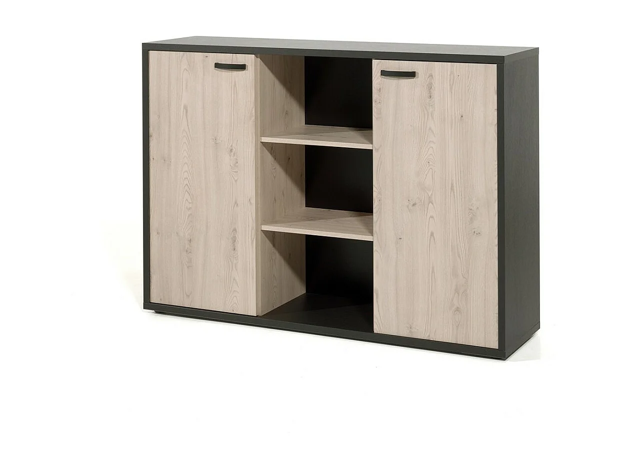 Buffet bas de rangement pour bureau 2 portes et étagères coloris chêne clair et noir