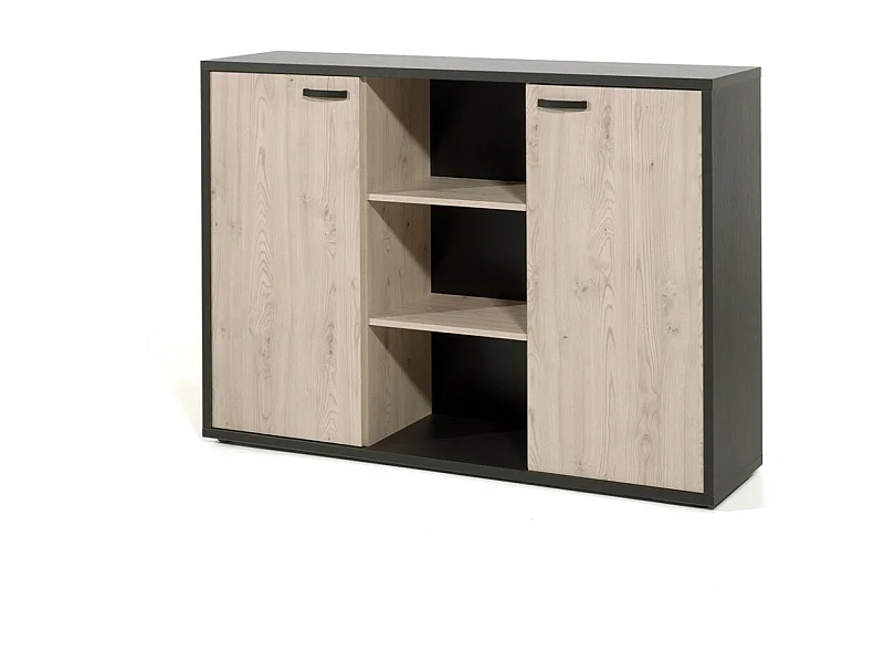 Buffet bas de rangement pour bureau 2 portes et étagères coloris chêne clair et noir
