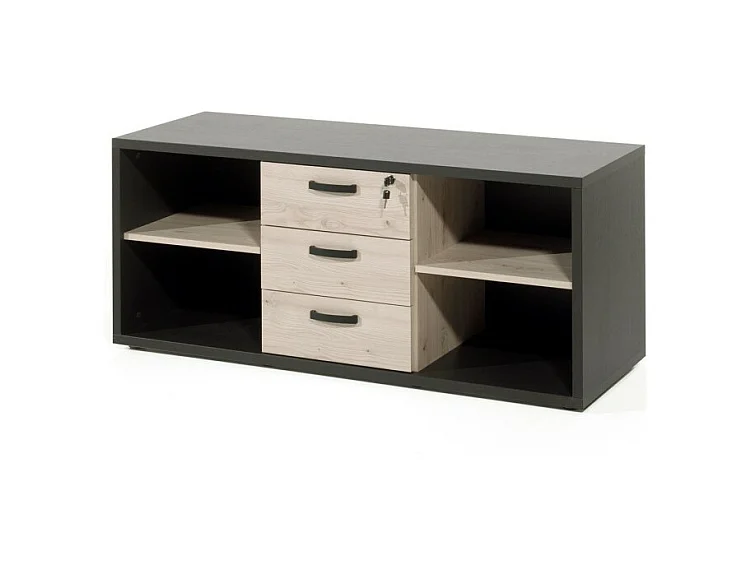 Buffet bas de rangement pour bureau 4 niches et 3 tiroirs coloris chêne clair et noir