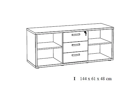 Niedriger Büroschrank mit 4 Fächern und 3 Schubladen in heller Eichen- und schwarzer Farbe