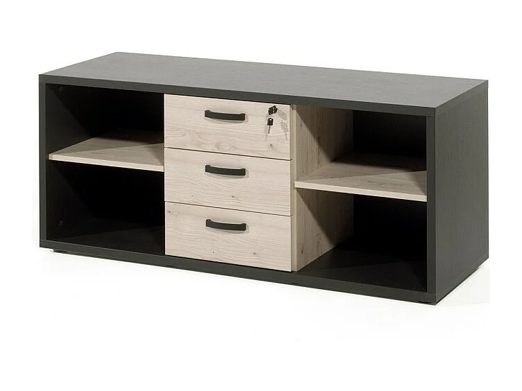 Buffet bas de rangement pour bureau 4 niches et 3 tiroirs coloris chêne clair et noir